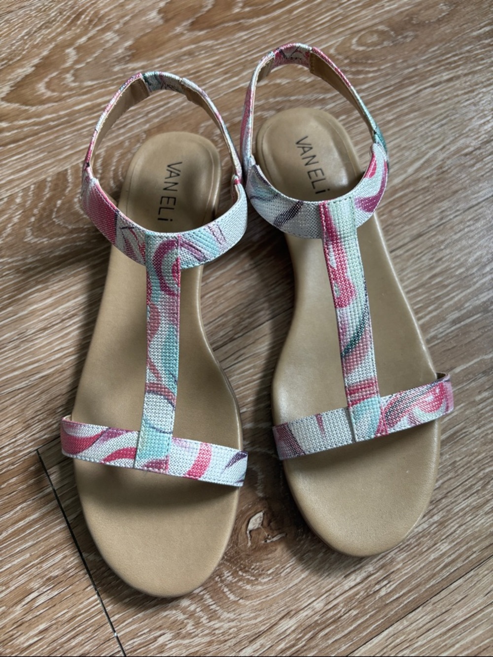 Van Eli T strap sandal, pink/white/teal swirl shimmer, size 7